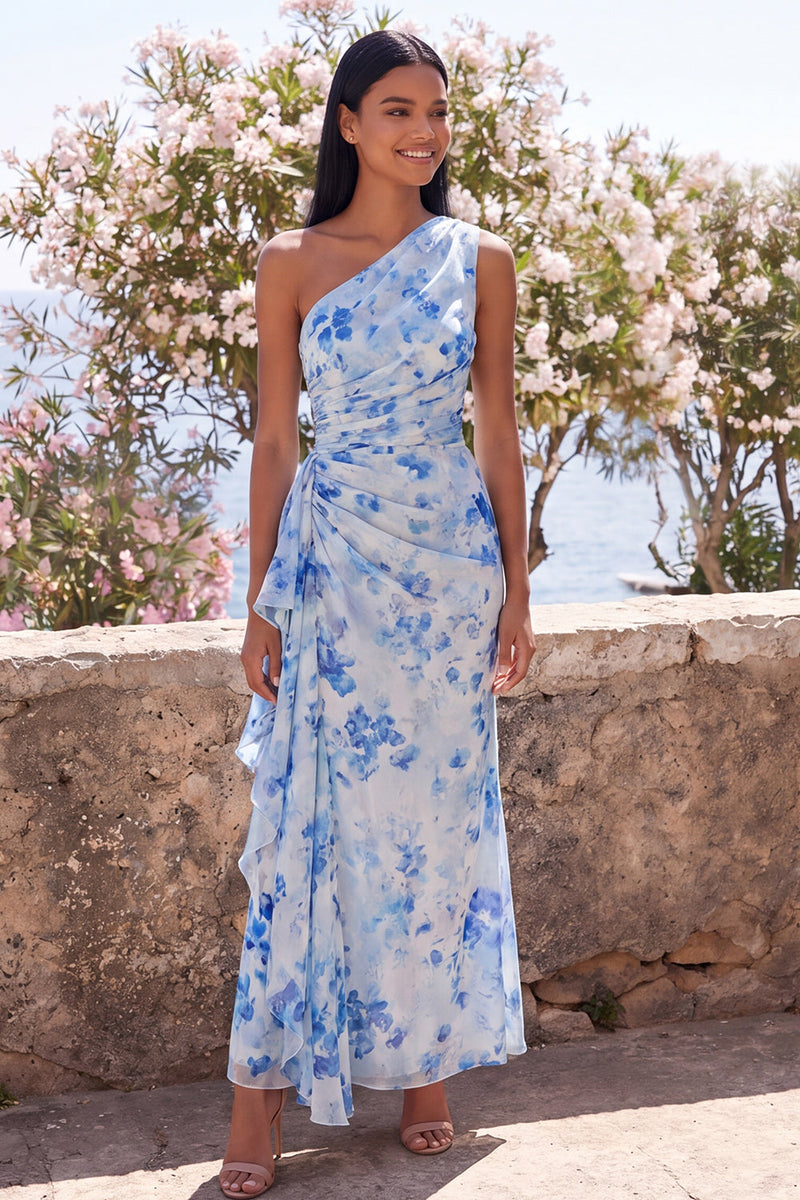 Laden Sie das Bild in den Galerie-Viewer, Blaues Blumen-Einschulter-Meerjungfrauen-Maxikleid mit Rüschen