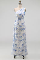 Laden Sie das Bild in den Galerie-Viewer, Blaues Blumen-Einschulter-Meerjungfrauen-Maxikleid mit Rüschen