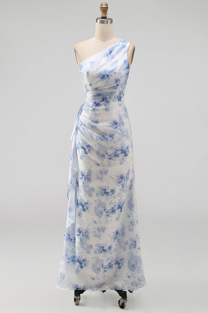 Laden Sie das Bild in den Galerie-Viewer, Blaues Blumen-Einschulter-Meerjungfrauen-Maxikleid mit Rüschen