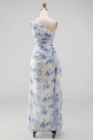 Laden Sie das Bild in den Galerie-Viewer, Blaues Blumen-Einschulter-Meerjungfrauen-Maxikleid mit Rüschen