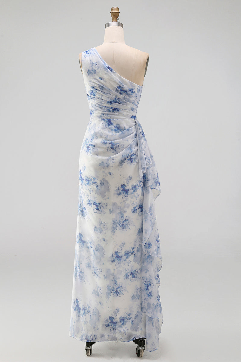 Laden Sie das Bild in den Galerie-Viewer, Blaues Blumen-Einschulter-Meerjungfrauen-Maxikleid mit Rüschen