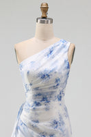 Laden Sie das Bild in den Galerie-Viewer, Blaues Blumen-Einschulter-Meerjungfrauen-Maxikleid mit Rüschen