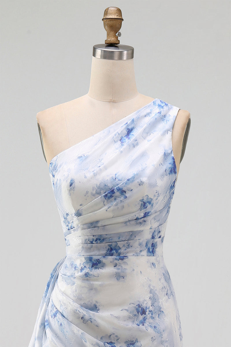 Laden Sie das Bild in den Galerie-Viewer, Blaues Blumen-Einschulter-Meerjungfrauen-Maxikleid mit Rüschen