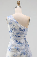 Laden Sie das Bild in den Galerie-Viewer, Blaues Blumen-Einschulter-Meerjungfrauen-Maxikleid mit Rüschen