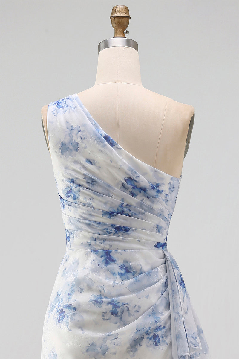 Laden Sie das Bild in den Galerie-Viewer, Blaues Blumen-Einschulter-Meerjungfrauen-Maxikleid mit Rüschen