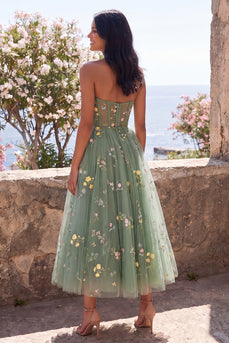 Sweetheart Dusty Sage A-Line Tüll-Korsett, besticktes florales Midi-Kleid
