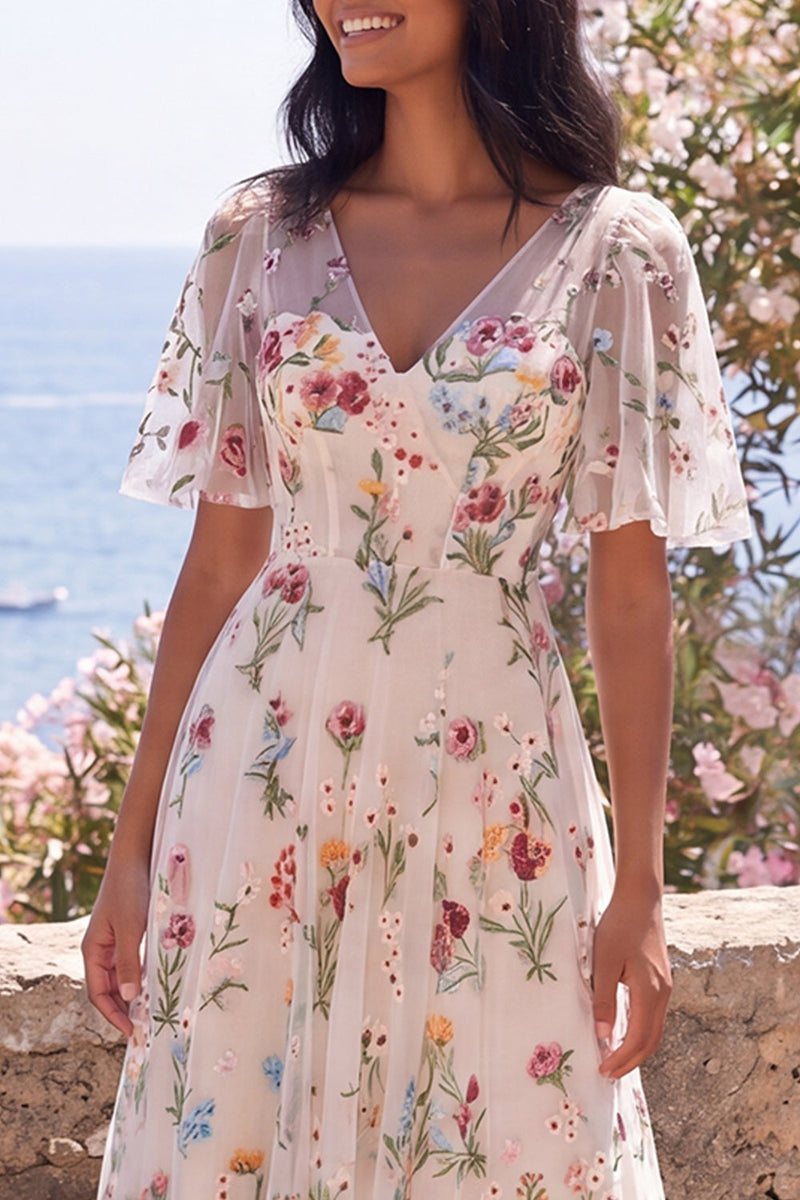 Laden Sie das Bild in den Galerie-Viewer, Elfenbeinfarbenes A-Linien-Tüllkorsett mit V-Ausschnitt gesticktes florales Midikleid mit flatternden Ärmeln