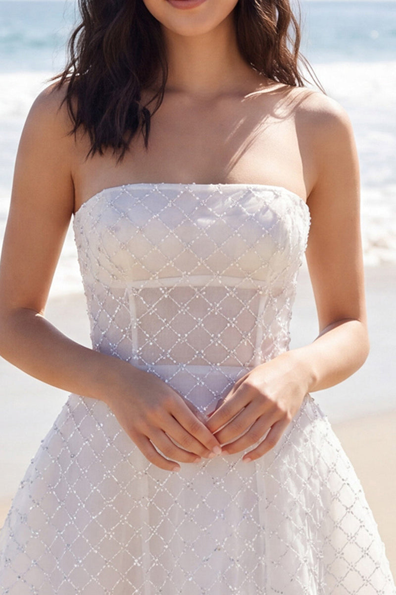 Laden Sie das Bild in den Galerie-Viewer, Ivory A Line Trägerloses Korsett-Minikleid mit Perlen