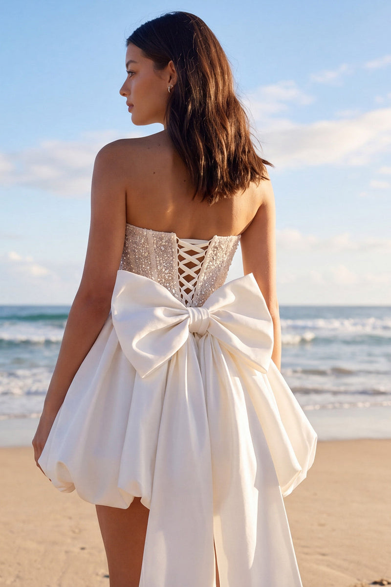 Laden Sie das Bild in den Galerie-Viewer, Sprakly, trägerloses, perlenbesetztes Korsett, kleines weißes Kleid mit Schleife