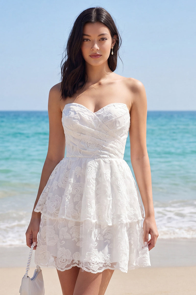 Laden Sie das Bild in den Galerie-Viewer, Sweetheart Floral A-Linie gestuftes kleines weißes Kleid