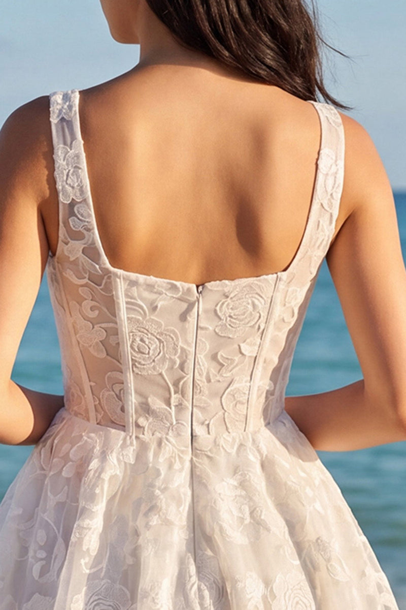 Laden Sie das Bild in den Galerie-Viewer, Elfenbeinfarbenes Blumen-A-Linie-Korsett, quadratischer Ausschnitt Abschlusskleid