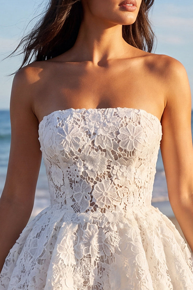 Laden Sie das Bild in den Galerie-Viewer, Trägerloses Blumenspitzen-A-Line-Kleines weißes Kleid