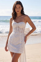 Laden Sie das Bild in den Galerie-Viewer, Elfenbeinfarbenes, trägerloses Bodycon Pailletten-Korsett-Minikleid mit Schleife