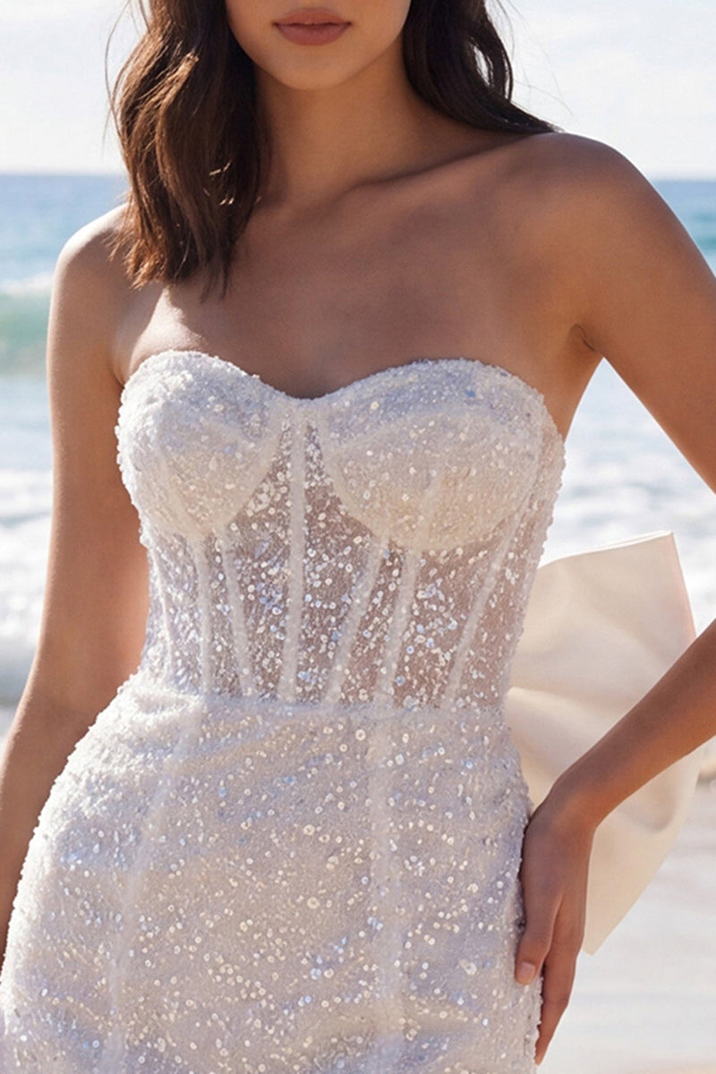 Laden Sie das Bild in den Galerie-Viewer, Elfenbeinfarbenes, trägerloses Bodycon Pailletten-Korsett-Minikleid mit Schleife