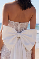 Laden Sie das Bild in den Galerie-Viewer, Elfenbeinfarbenes, trägerloses Bodycon Pailletten-Korsett-Minikleid mit Schleife