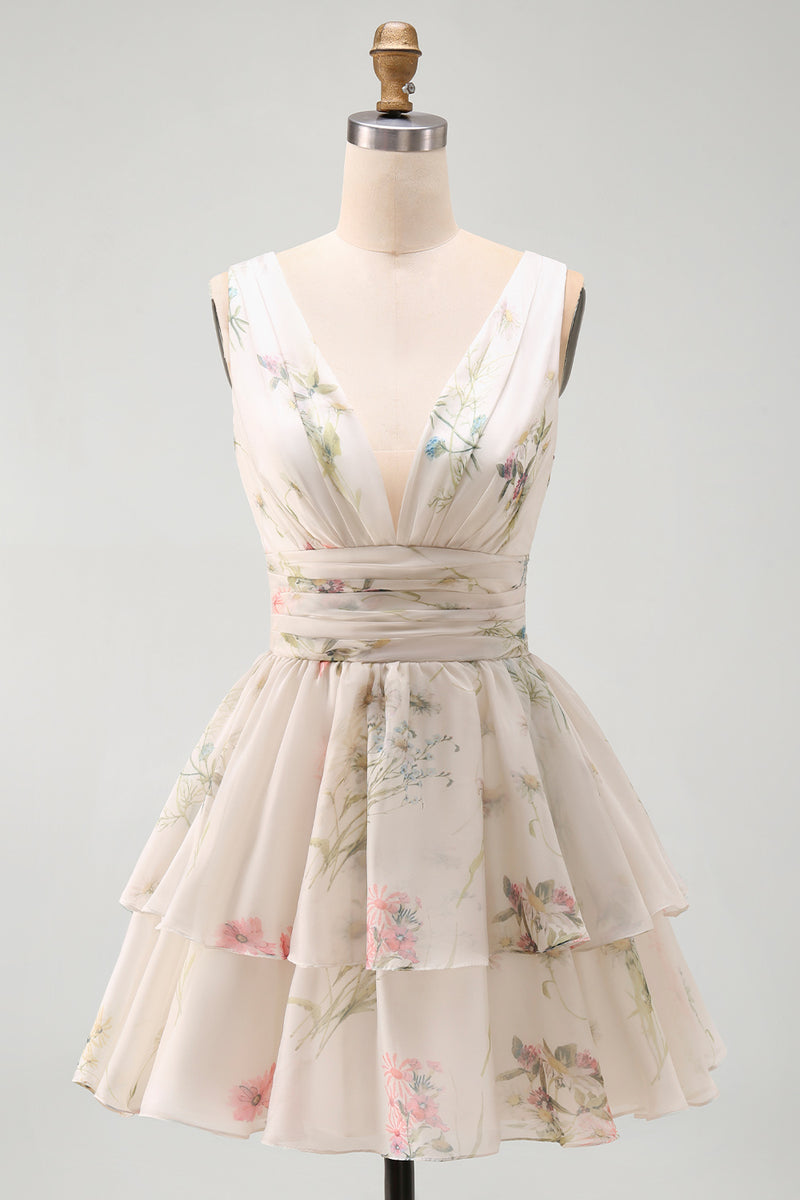 Laden Sie das Bild in den Galerie-Viewer, Ein von Line Ivoy bedrucktes, florales Mini-Kleid mit V-Ausschnitt und Stufen