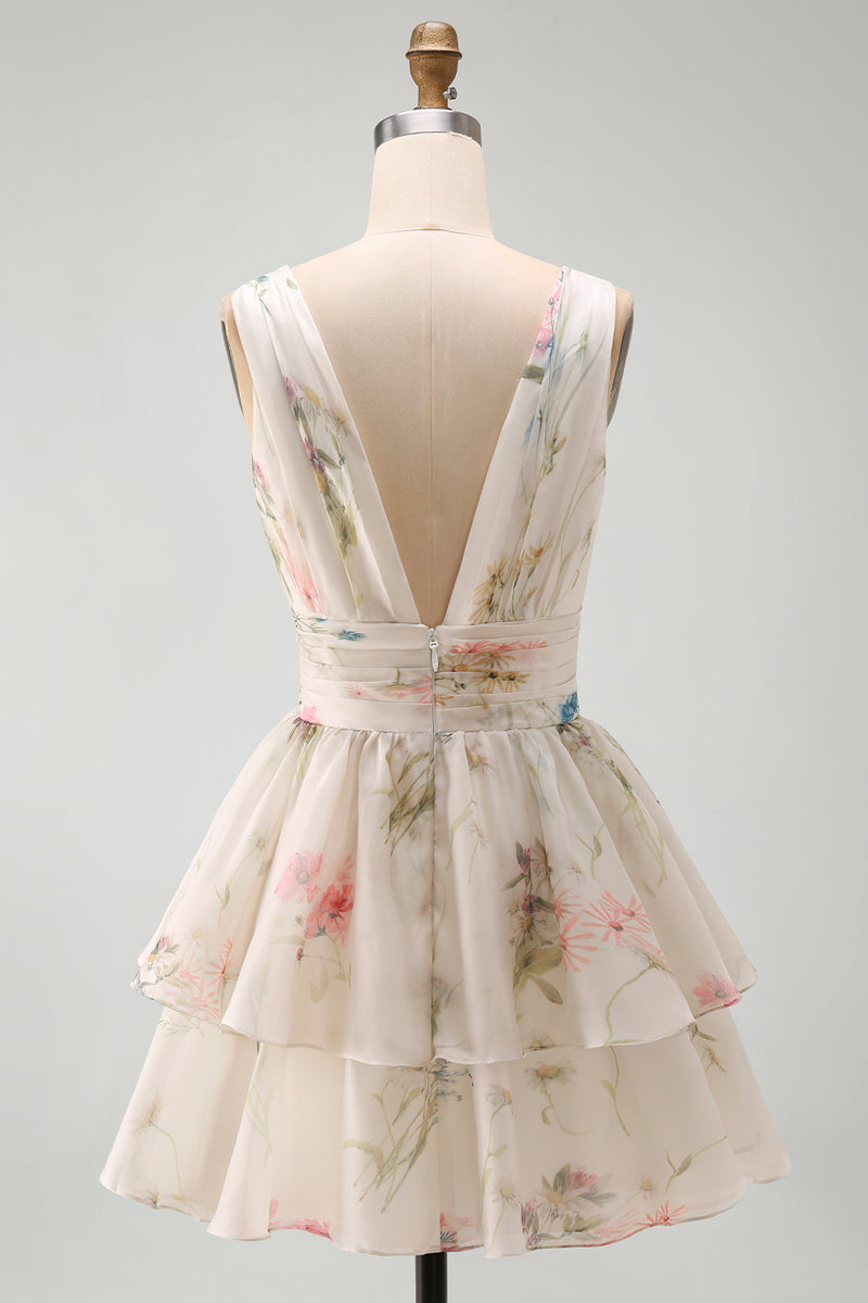 Laden Sie das Bild in den Galerie-Viewer, Ein von Line Ivoy bedrucktes, florales Mini-Kleid mit V-Ausschnitt und Stufen