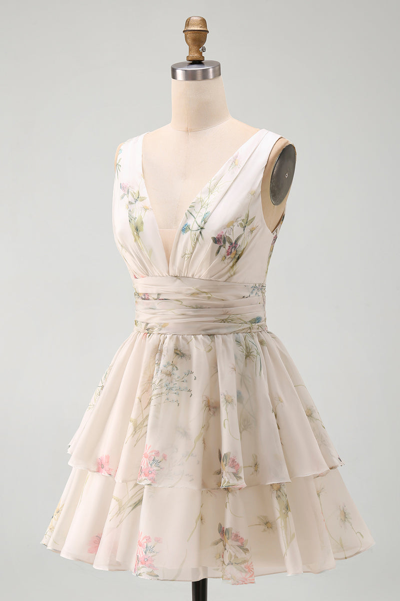 Laden Sie das Bild in den Galerie-Viewer, Ein von Line Ivoy bedrucktes, florales Mini-Kleid mit V-Ausschnitt und Stufen