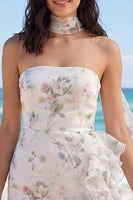 Laden Sie das Bild in den Galerie-Viewer, Trägerloses, geblümtes Bodycon mit Rüschen und Kleines weißes Kleid