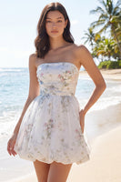 Laden Sie das Bild in den Galerie-Viewer, Trägerloses Blumen-A-Line Kleines Weißes Kleid