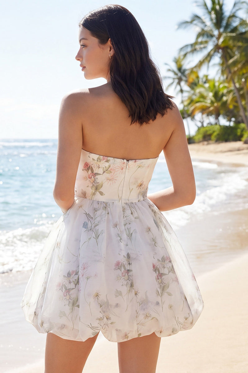 Laden Sie das Bild in den Galerie-Viewer, Trägerloses Blumen-A-Line Kleines Weißes Kleid