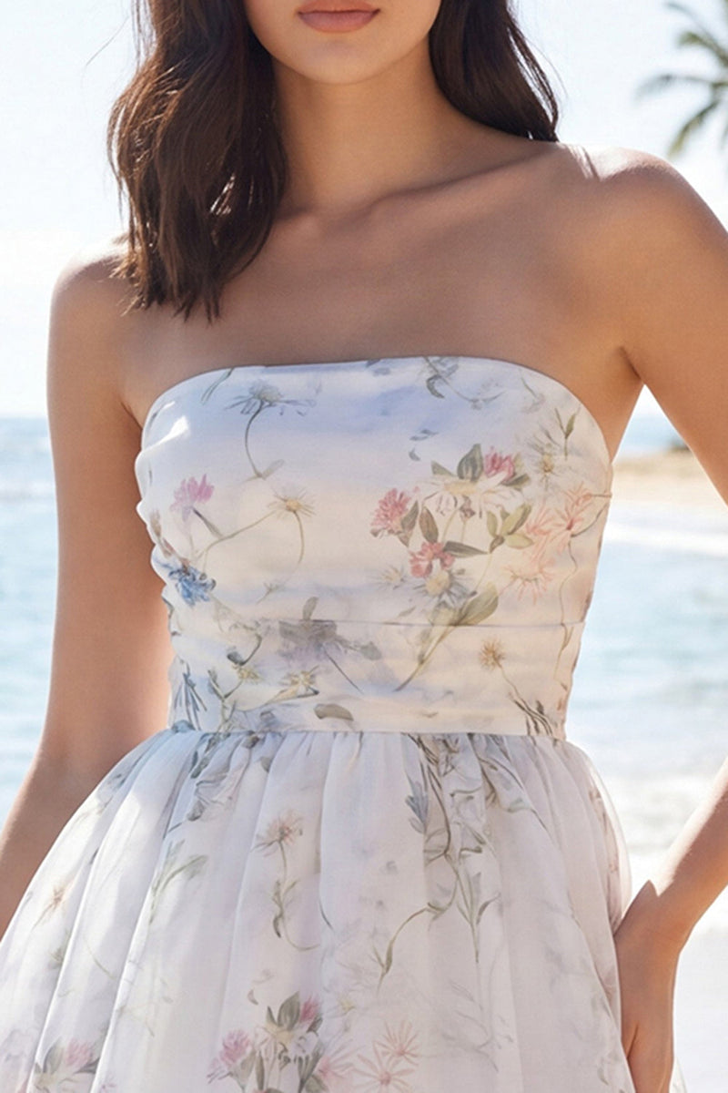 Laden Sie das Bild in den Galerie-Viewer, Trägerloses Blumen-A-Line Kleines Weißes Kleid
