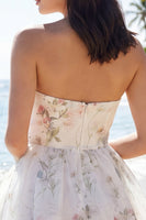 Laden Sie das Bild in den Galerie-Viewer, Trägerloses Blumen-A-Line Kleines Weißes Kleid
