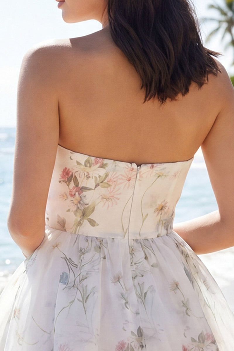 Laden Sie das Bild in den Galerie-Viewer, Trägerloses Blumen-A-Line Kleines Weißes Kleid