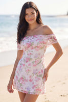 Laden Sie das Bild in den Galerie-Viewer, Off-the-shoulder geblümtes A-Linie-Kleines weißes Kleid