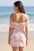 Laden Sie das Bild in den Galerie-Viewer, Off-the-shoulder geblümtes A-Linie-Kleines weißes Kleid