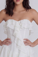 Laden Sie das Bild in den Galerie-Viewer, Trägerloses, Rüschen-A-Line-kleines weißes Kleid