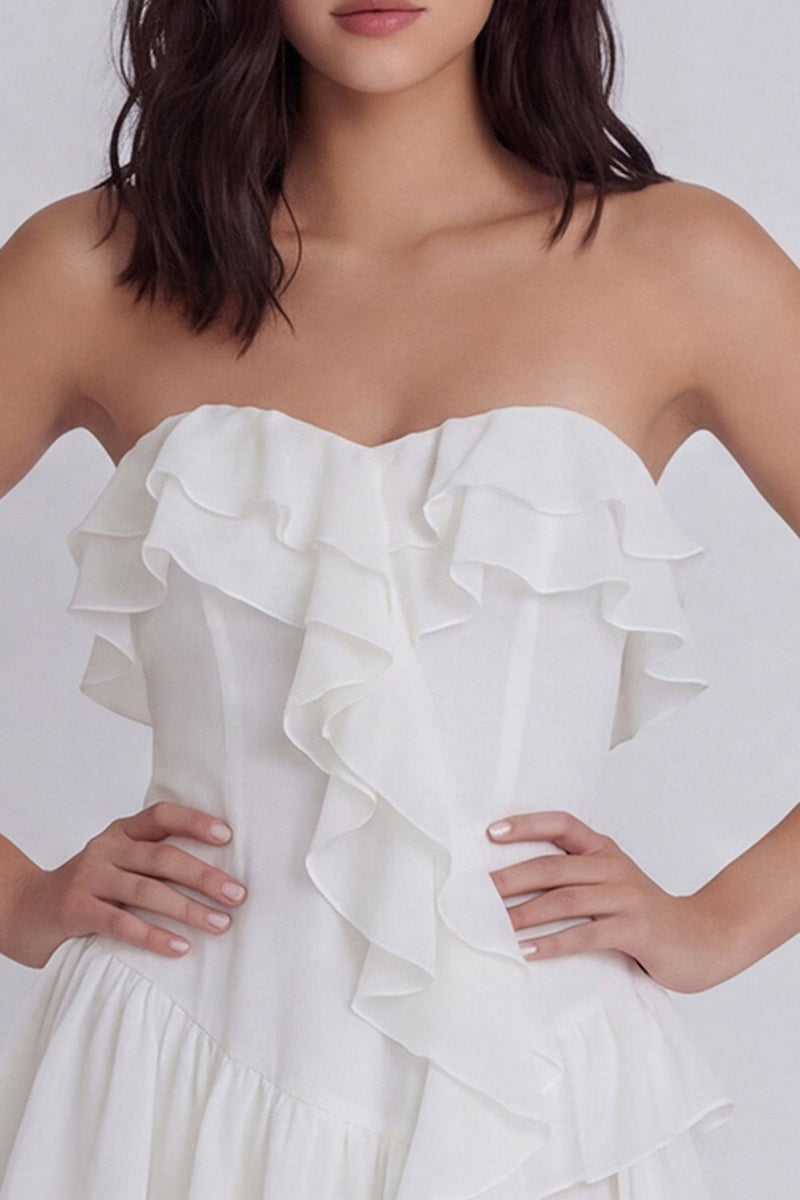 Laden Sie das Bild in den Galerie-Viewer, Trägerloses, Rüschen-A-Line-kleines weißes Kleid