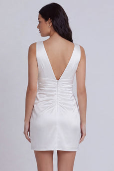 Elfenbein V-Ausschnitt Satin Gerafftes Bodycon Kurzes Standesamtkleid