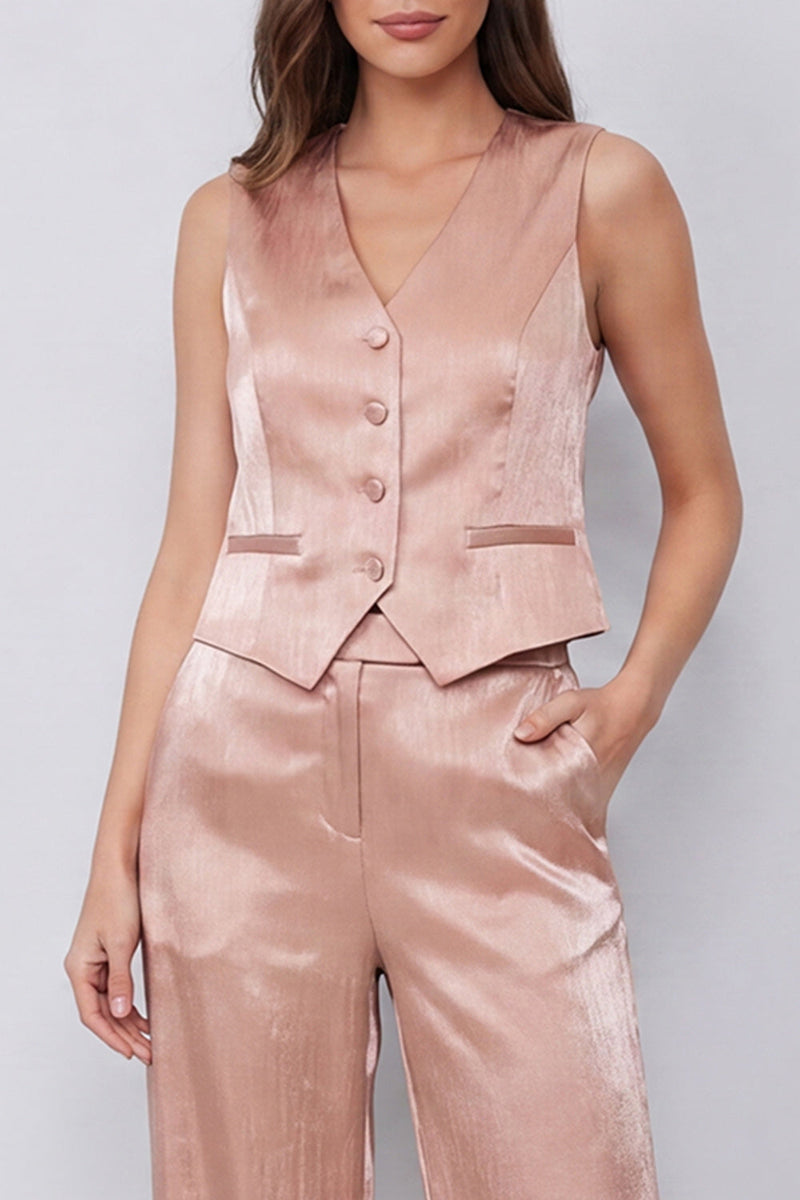 Laden Sie das Bild in den Galerie-Viewer, Dusty Rose 2-teilige Damenanzüge mit V-Ausschnitt und Taschen