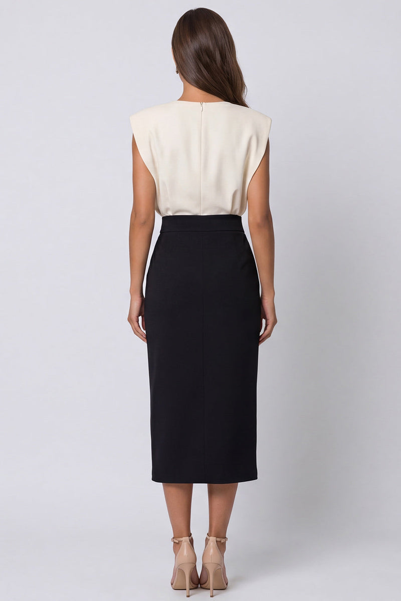 Laden Sie das Bild in den Galerie-Viewer, Elfenbein- und schwarzes Midi-Arbeitskleid mit Rundhalsausschnitt und Schlitz