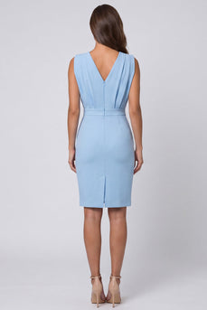 Himmelblauer geraffter Bodycon mit V-Ausschnitt Mini-Arbeitskleid