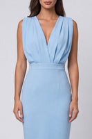 Laden Sie das Bild in den Galerie-Viewer, Himmelblauer geraffter Bodycon mit V-Ausschnitt Mini-Arbeitskleid
