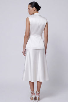 Elfenbein-Revers 2-teilige Satin A-Linie Midi-Arbeitskleid