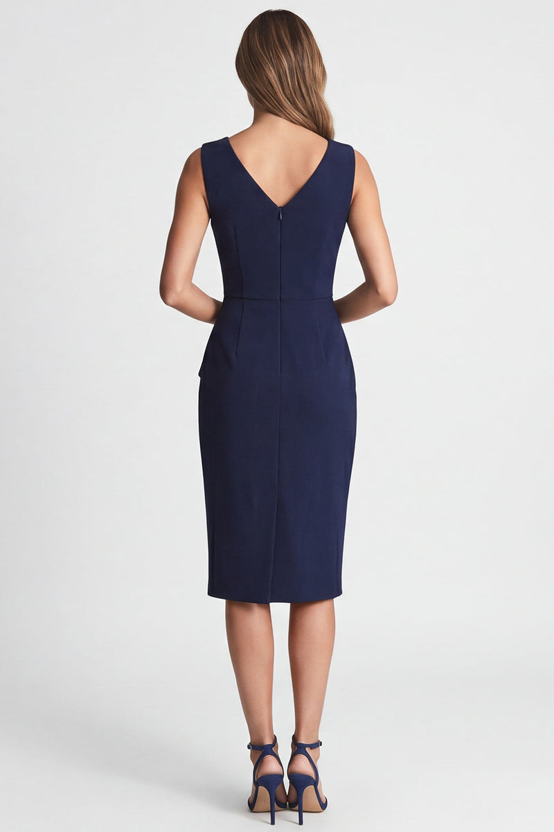 Laden Sie das Bild in den Galerie-Viewer, Marineblaues, gerafftes Bodycon mit V-Ausschnitt Midi-Arbeitskleidung mit Schlitz