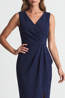 Laden Sie das Bild in den Galerie-Viewer, Marineblaues, gerafftes Bodycon mit V-Ausschnitt Midi-Arbeitskleidung mit Schlitz