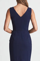 Laden Sie das Bild in den Galerie-Viewer, Marineblaues, gerafftes Bodycon mit V-Ausschnitt Midi-Arbeitskleidung mit Schlitz