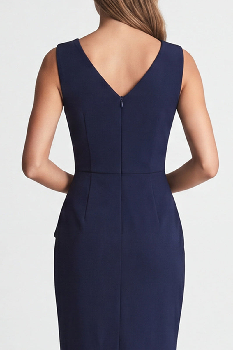 Laden Sie das Bild in den Galerie-Viewer, Marineblaues, gerafftes Bodycon mit V-Ausschnitt Midi-Arbeitskleidung mit Schlitz