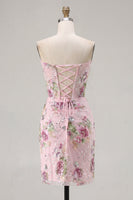 Laden Sie das Bild in den Galerie-Viewer, Pinkes Sweetheart Transparentes Korsett Bodycon Pailletten Geblümtes Kurzes Abendkleid