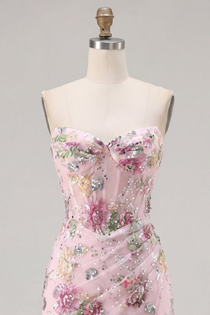 Laden Sie das Bild in den Galerie-Viewer, Pinkes Sweetheart Transparentes Korsett Bodycon Pailletten Geblümtes Kurzes Abendkleid