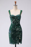 Laden Sie das Bild in den Galerie-Viewer, Glitzerndes Dunkelgrünes Bodycon Pailletten Kurzes Abendkleid mit Schlitz