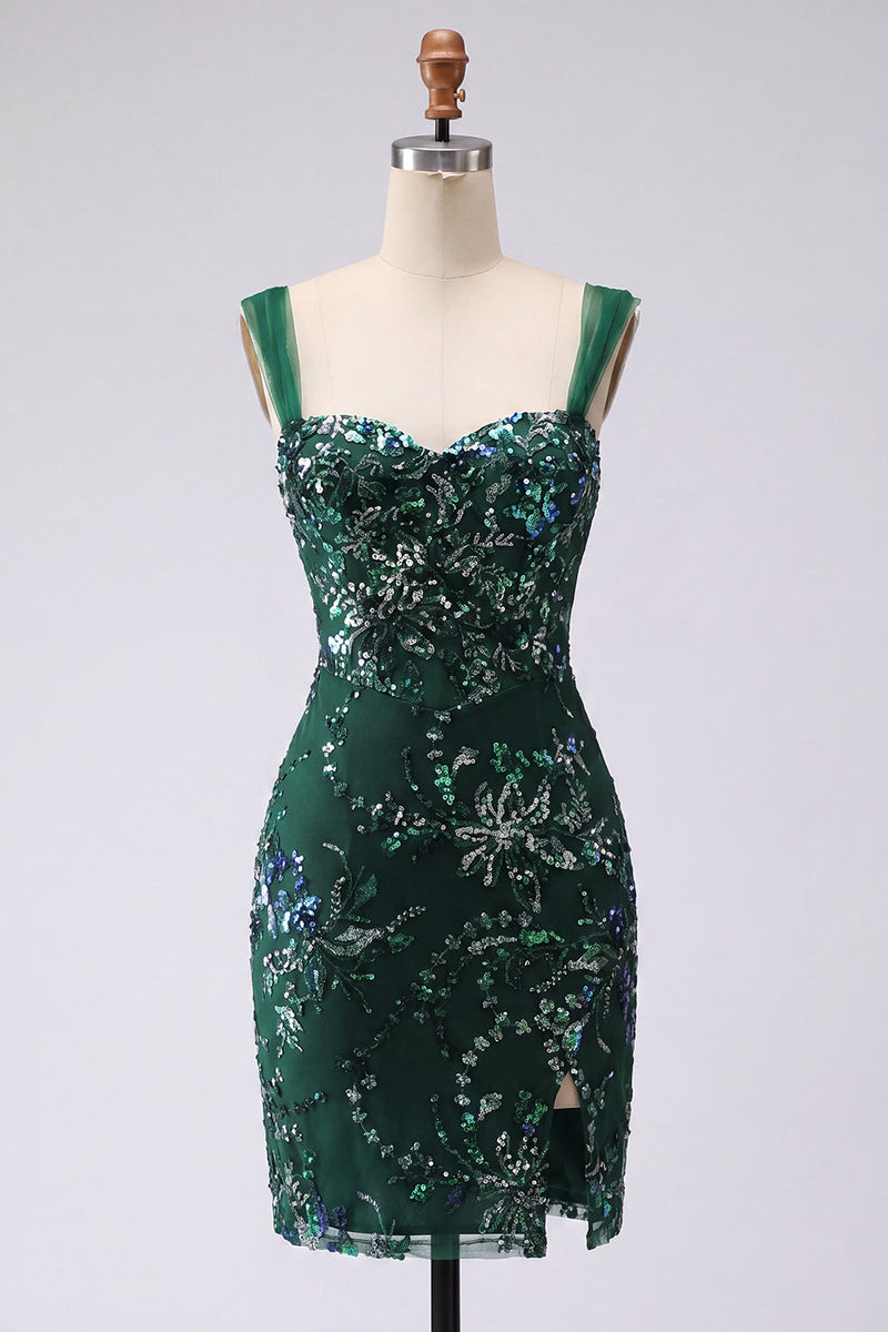 Laden Sie das Bild in den Galerie-Viewer, Glitzerndes Dunkelgrünes Bodycon Pailletten Kurzes Abendkleid mit Schlitz