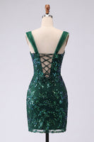 Laden Sie das Bild in den Galerie-Viewer, Glitzerndes Dunkelgrünes Bodycon Pailletten Kurzes Abendkleid mit Schlitz
