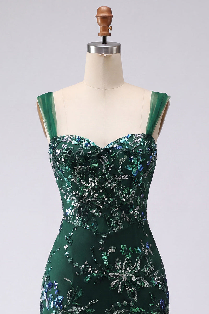 Laden Sie das Bild in den Galerie-Viewer, Glitzerndes Dunkelgrünes Bodycon Pailletten Kurzes Abendkleid mit Schlitz