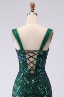 Laden Sie das Bild in den Galerie-Viewer, Glitzerndes Dunkelgrünes Bodycon Pailletten Kurzes Abendkleid mit Schlitz
