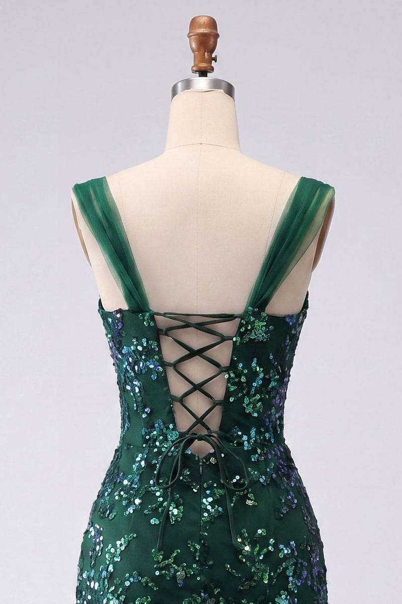 Laden Sie das Bild in den Galerie-Viewer, Glitzerndes Dunkelgrünes Bodycon Pailletten Kurzes Abendkleid mit Schlitz